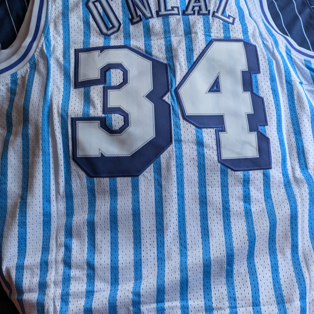 Blue and White Striped Basketball Jersey